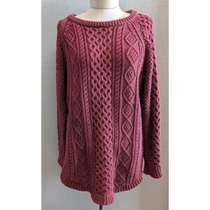 NWT Women LL Bean Signature 100% Cotton Cable Knit Fisherman Sweater Burgundy L